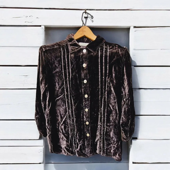 J. JILL Brown Metallic Crushed Velvet Button Up Blouse Top SMALL Vtg Lagenlook - Picture 1 of 7